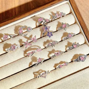 Süßer Y2K Zirkonia Ring Set rosa Schmetterling Blume Herz offene Ringe Modeschmuck Detail