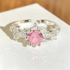 Rosa Zirkonia offener Ring im koreanischen Stil süße Blumen Y2K verstellbarer Silberschmuck