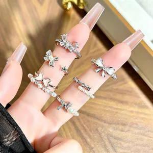 Silver tone bow zircon pearl open rings set stackable fashion knuckle jewelry for women