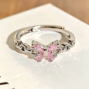 Rosa Zirkon Schmetterling Offener Ring, süßer silberner stapelbarer Finger Schmuck für Damen.