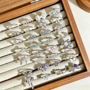 Exquisite bow zircon open rings set, stylish stackable design for women daily fashion wear.