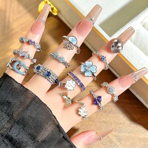 Sweet Girl Style Enamel Open Ring For Women Copper Zirconia Inlaid Butterfly Star Flower Cute Cartoon Adjustable Ring Jewelry