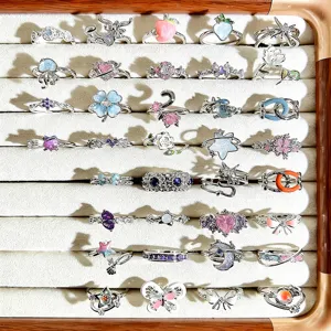 Sweet girl style enamel open ring set featuring cute cartoon butterflies, stars, and flowers.
