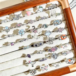 Sweet style enamel open ring set featuring cute butterfly star and flower designs for women.