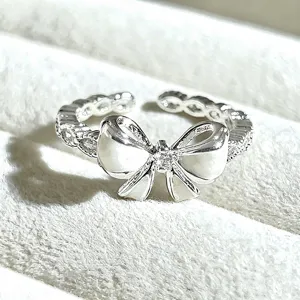 Sweet bow open ring silver color enamel rhinestone adjustable cute jewelry for women girls
