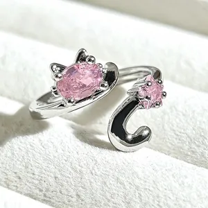 Sweet girl style open ring detail view, featuring cute cat and star pink crystal design.