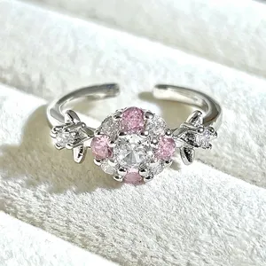 Sweet pink white zirconia open ring, cute floral silver adjustable ring for women and girls.