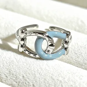 Detailed close-up of sweet style enamel open ring with cute blue and silver tone metal