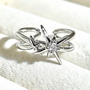 Silver star open ring detail shot, sparkling cubic zirconia, cute sweet style fashion jewelry.