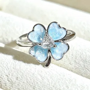 Blue enamel four leaf clover ring detail, cute silver metal open ring for sweet girls.