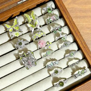 Set de anillos abiertos de mariposa flor esmalte verde circonita, joyas de moda para mujer.