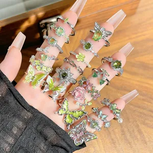 Conjunto de anillos abiertos de mariposa esmalte verde circón joyería de moda apilable
