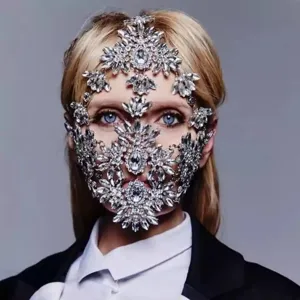 Mysterious Rhinestone Full Face Masquerade Mask For Women Luxury Baroque Copper Crystal Face Chain Party Halloween Costume Accessories
