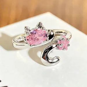 Süßer koreanischer rosa Zirkon Katzen offener Ring Y2K verstellbarer Finger Schmuck Trend