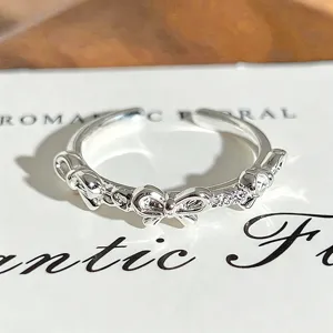Elegant silver bow zircon open ring, dainty stacked finger jewelry for women daily fashion style.