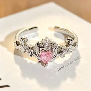 Rosa Zirkonia offener Ring, süßes Herz-Design, Y2K Mode silberner Schmuck für Damen.
