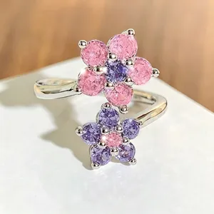 Rosa Zirkon Offener Ring mit süßem doppeltem Blumendesign, modischer Fingerring für Damen.