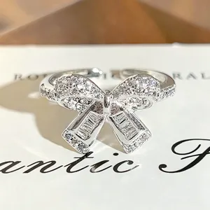 Exquisite silver bow open ring sparkling cubic zirconia detailed stylish stackable jewelry for women