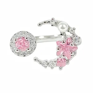 Koreanischer Stil rosa Zirkon offener Ring süße Y2K Schmetterling Blume stapelbarer Ring