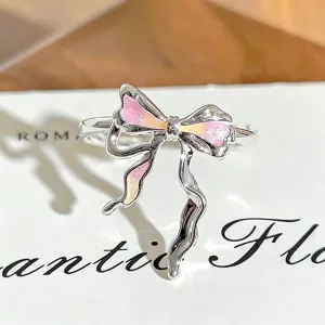 Exquisite bow zircon enamel open ring, niche design stackable ring for women's daily wear.