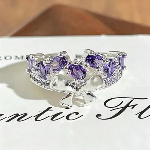 Silver purple zircon bow open ring, trendy niche design stackable statement jewelry for women.