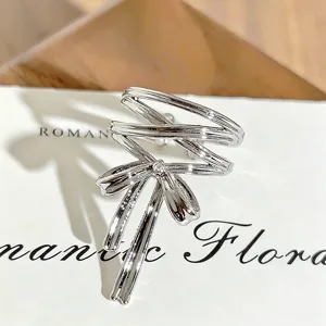 Silver multi-line bow zircon open ring, exquisite niche design fashion stackable jewelry for women.