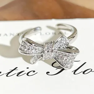 Silver bow zircon open ring, delicate sparkly micro-pave adjustable ring for women.