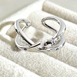 Silver snake open ring with blue crystals, stylish animal wrap ring for women, stacking jewelry.