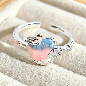 Sweet cute apple ring with pink blue glitter enamel finish, adjustable open band jewelry.