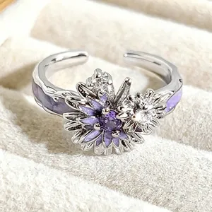 Sweet purple enamel flower open ring with sparkling zirconia, trendy stackable jewelry.