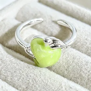 Sweet green apple enamel open ring, cute fruit design silver color stackable finger jewelry.