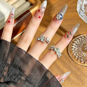 Mintgrüne Emaillierte Ranken Blumen Zirkon Offene Ringe Set für Damen, Stilvoller Schmuck.