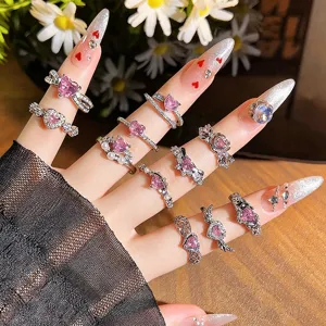 Exquisite open heart zircon ring, stacked chic finger jewelry with pink stones and pearls.