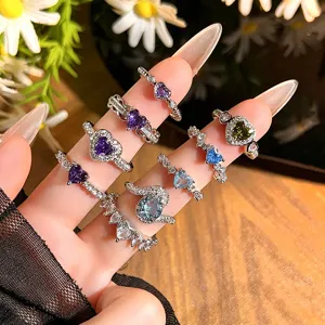 Exquisite multicolor heart cubic zirconia open ring, stackable fashion jewelry detail display.