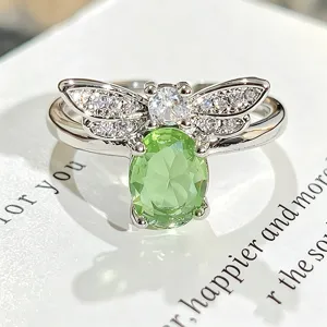 Anillo abierto de mariposa con circonita verde elegante para mujer, joya de dedo brillante.