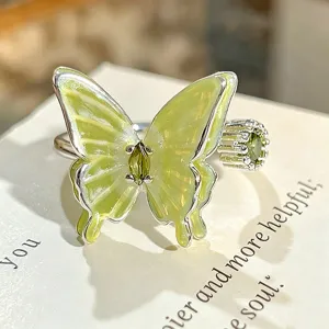 Anillo abierto de mariposa de esmalte verde dulce fresco circonita diseño de nicho mujer