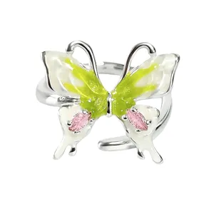 Lindo anillo abierto de mariposa con esmalte verde y circonita rosa para mujer chic