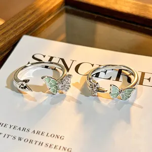 Mintgrüne Emaillierte Schmetterling Offener Ring Zirkon Verstellbarer Stapelbarer Schmuck