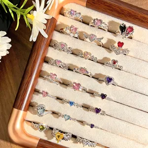 Exquisite Multicolor Heart Zirconia Open Ring For Women Copper Inlaid Fashion Adjustable Stacking Finger Ring Jewelry