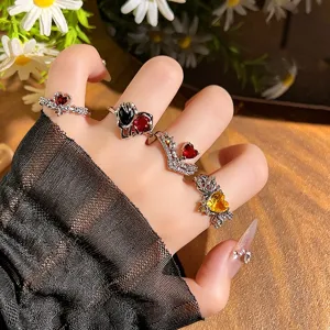 Exquisite multi-color dopamine heart zircon open ring vintage stackable finger jewelry for women