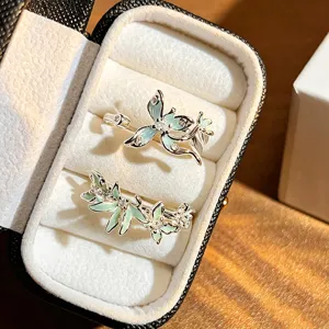Exquisite minzgrüne Emaillierte Blumen offene Ringe, elegante Silber Zirkon Stapelschmuck.