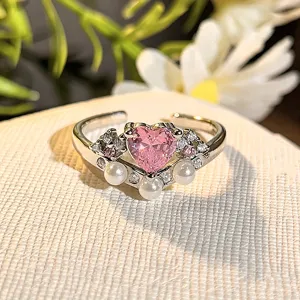 Exquisite pink heart cubic zirconia open ring with pearls and sparkling rhinestones.