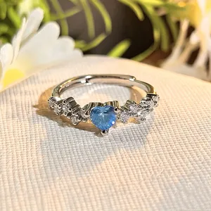 Blue heart zircon open ring detail, exquisite dainty silver fashion finger jewelry for women.