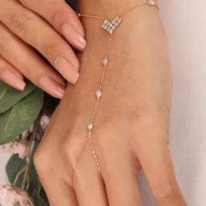 Heart Shaped Ring-Linked Bracelet Simple Rhinestone Hand Chain Jewelry For Bride Wedding Women Gift Gold Silver Color