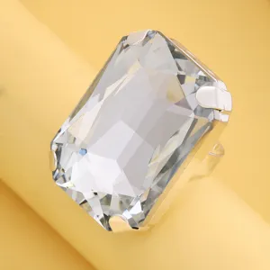 Großer rechteckiger Kristall Statement Ring, verstellbarer silberner Modeschmuck für Damen.