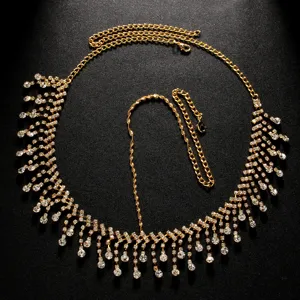 Exquisite gold rhinestone hair chain with crystal tassels and forehead drop for women party.