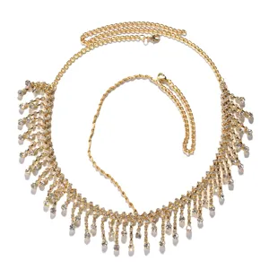 Exquisite gold rhinestone tassel hair chain crystal headpiece for party fashion style.