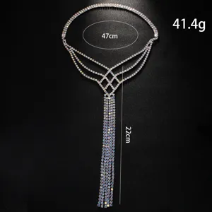 Stunning bohemian rhinestone back chain with colorful tassels, elegant body jewelry for stage.