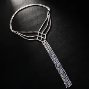 Sparkling rhinestone body chain with intricate colored crystal tassels for back and belly.