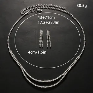 Silver rhinestone layered necklace and tassel earrings set for women wedding bridal jewelry.